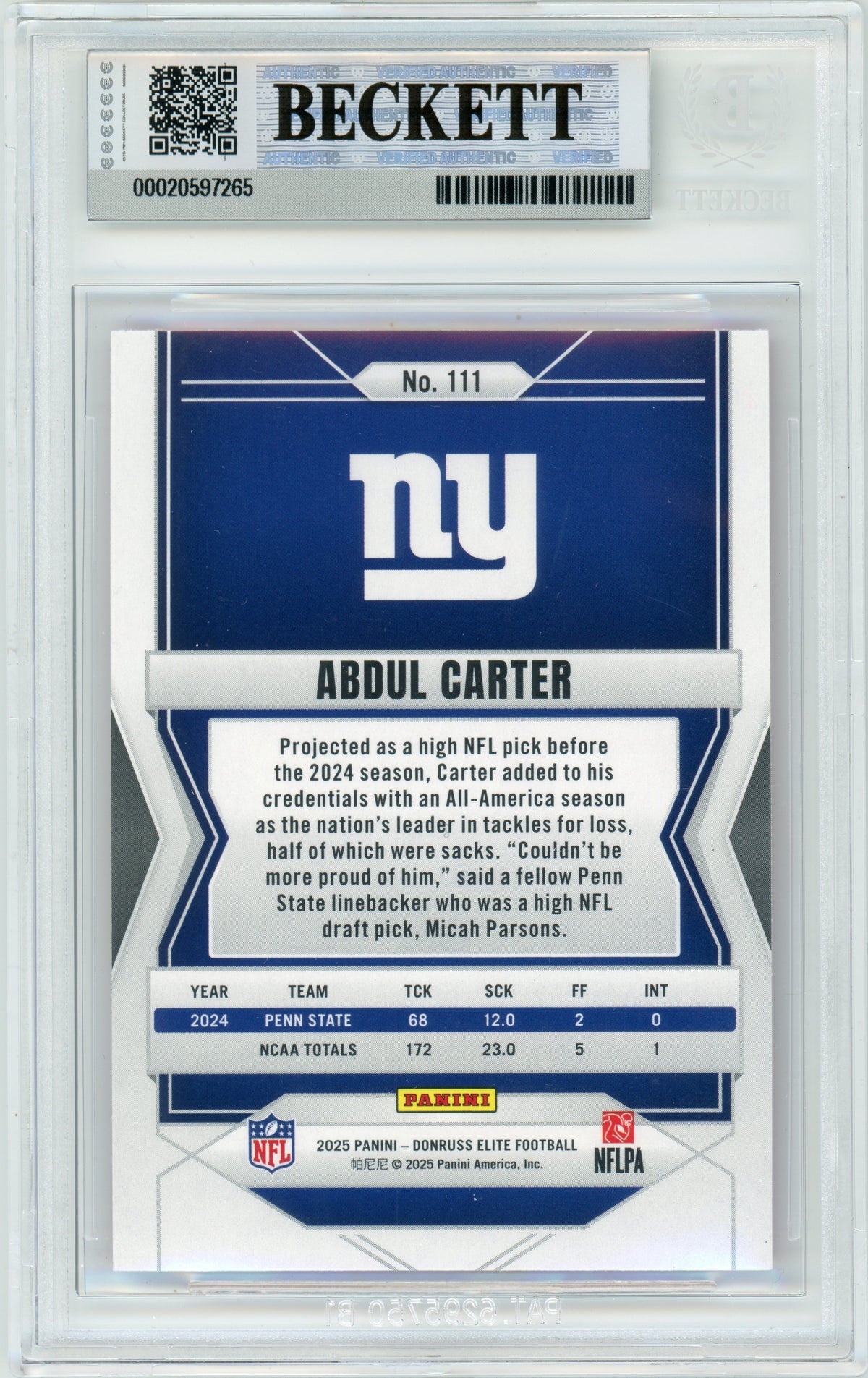2025 Elite - Pink #111 Abdul Carter Rookie New York Giants BGS Autograph 10