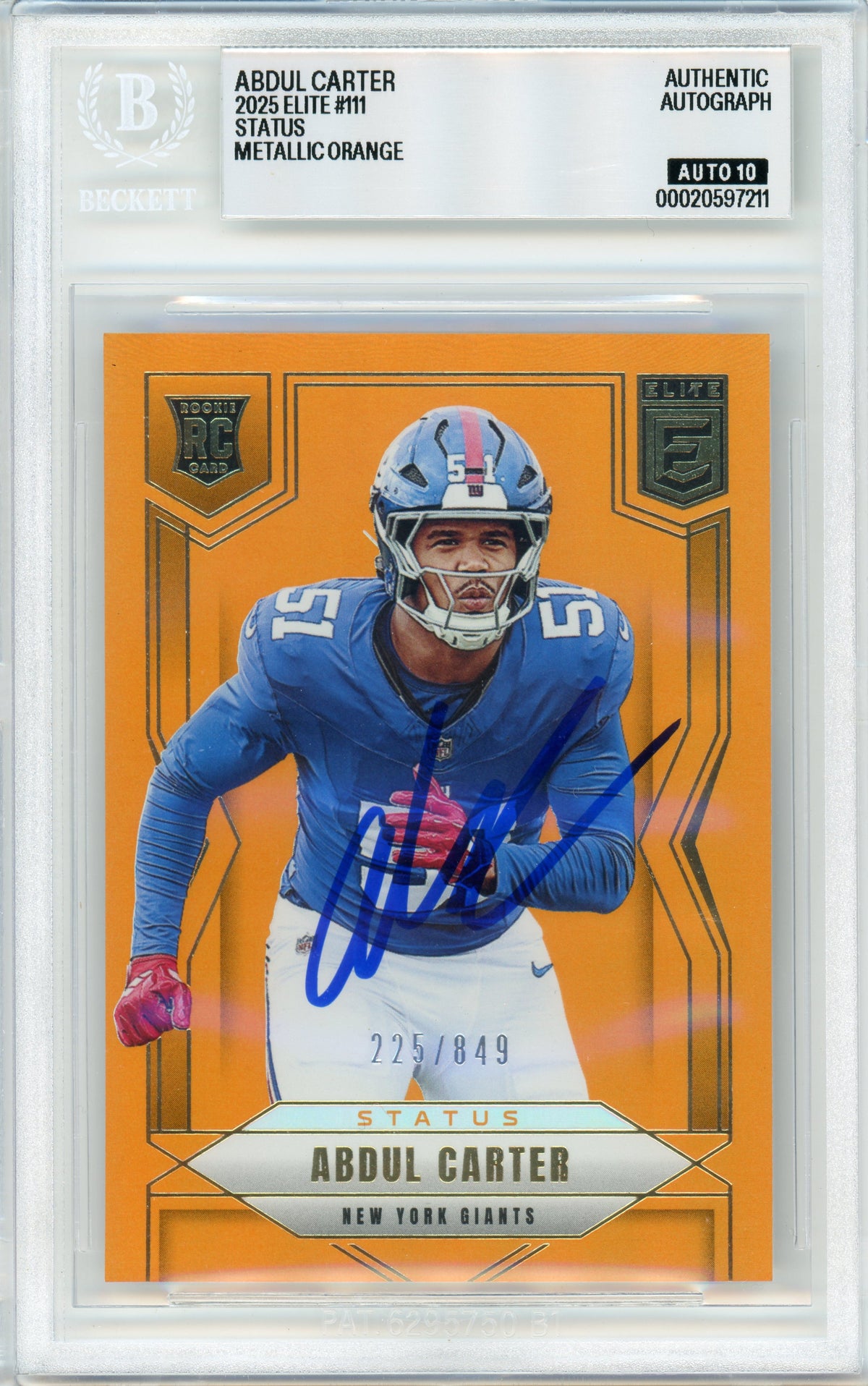 2025 Elite - Status Metallic Orange /849 #111 Abdul Carter RC New York Giants BGS Auto 10