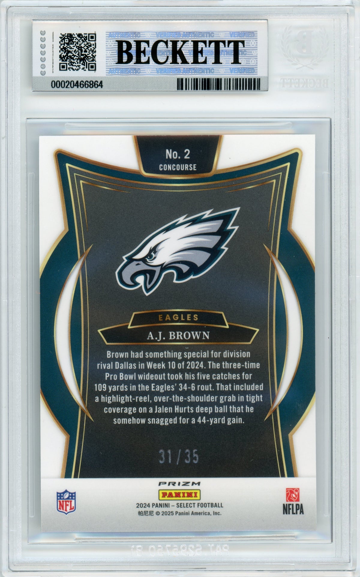 2024 Select - White Prizm /35 #2 AJ Brown Philadelphia Eagles BGS 9 Auto 10