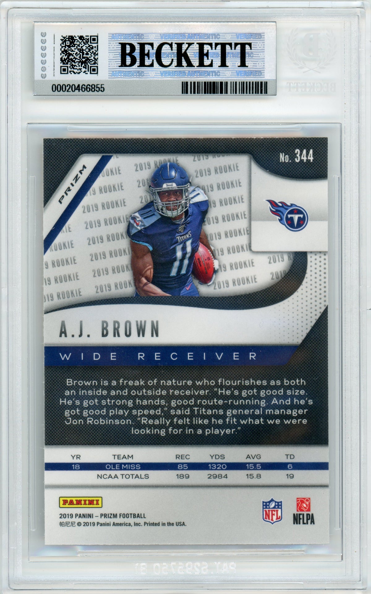 2019 Prizm - Lazer Prizm #344 AJ Brown RC Tennessee Titans BGS 9 Autograph 10