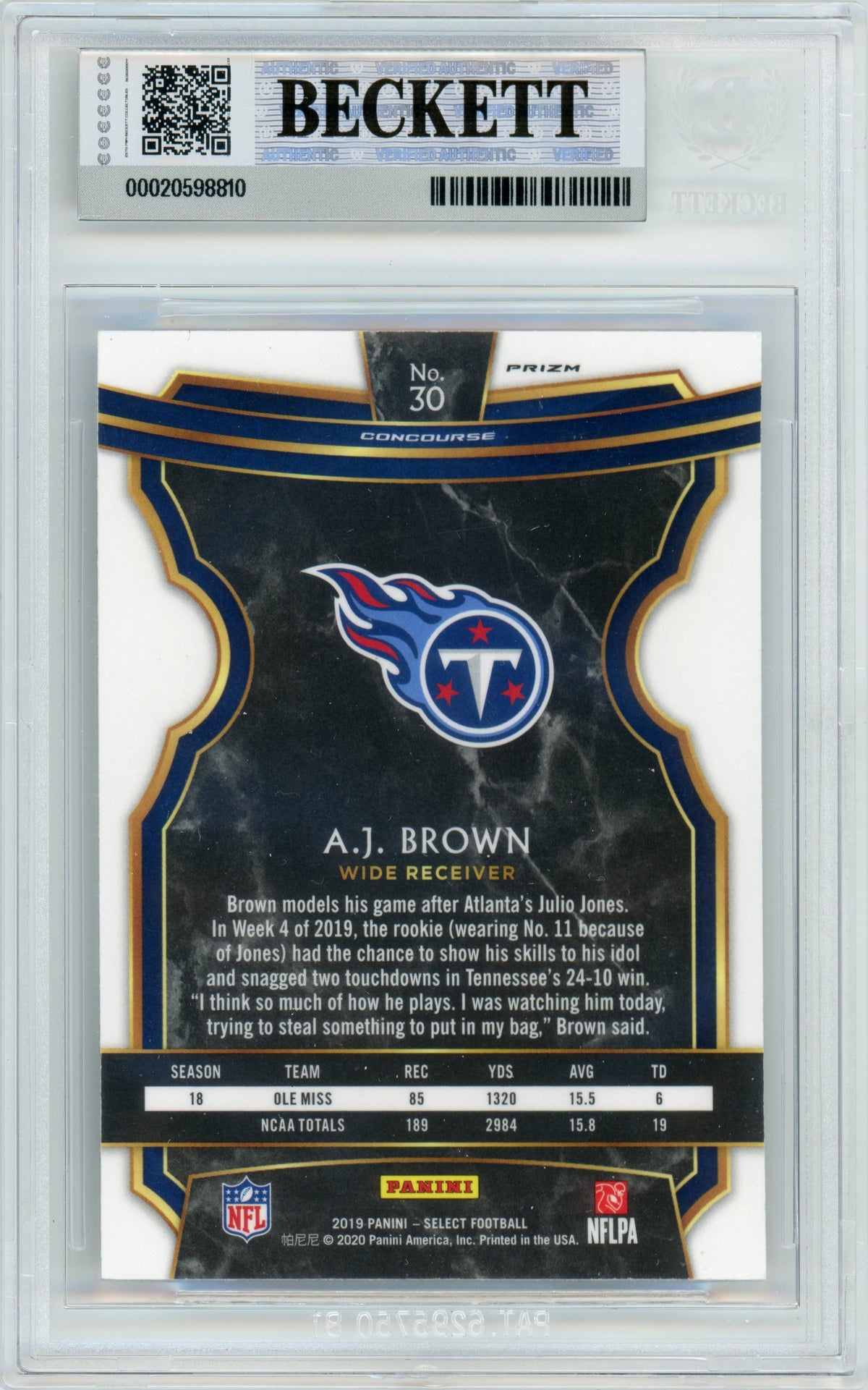 2019 Select - Silver Prizm #30 AJ Brown RC Tennessee Titans BGS Autograph 10