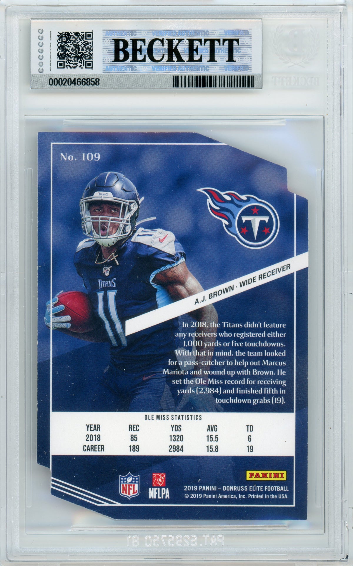 2019 Elite - Aspirations Die Cut /24 #109 AJ Brown RC Tennessee Titans BGS 8.5 Auto 10