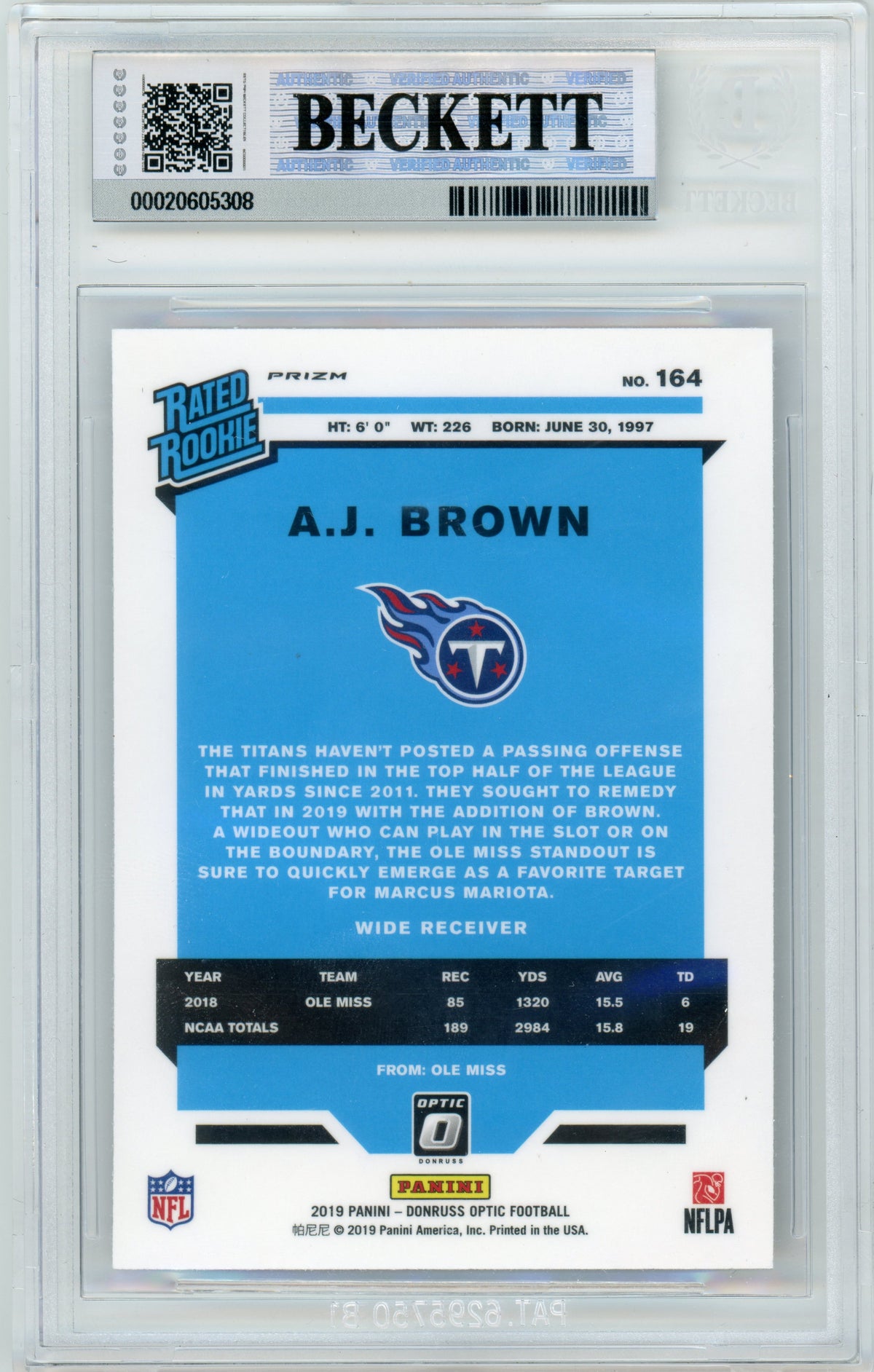 2019 Donruss Optic - Bronze #164 AJ Brown RC Tennessee Titans BGS Autograph