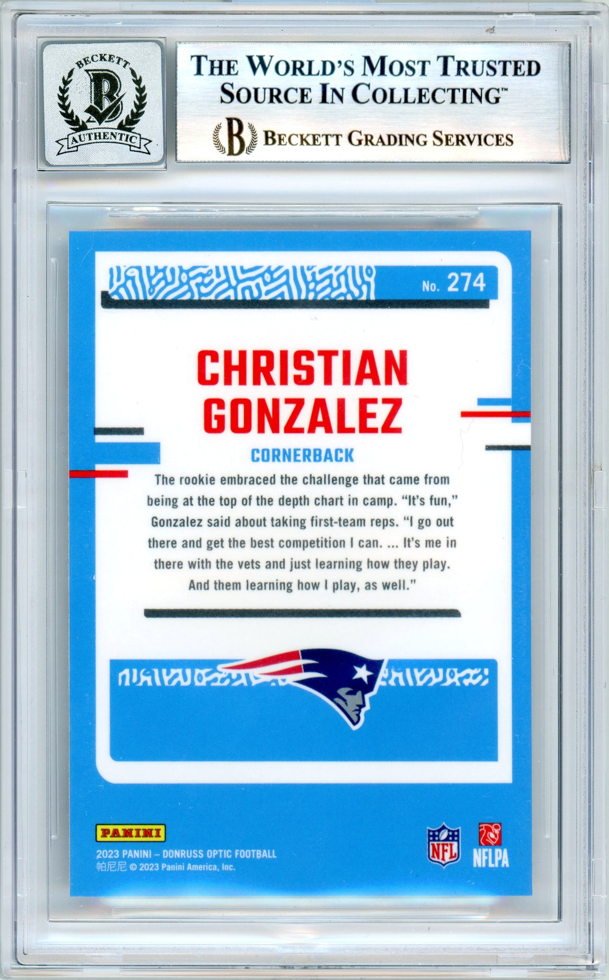 2023 Donruss Optic #274 Christian Gonzalez RC New England Patriots BGS Autograph 10