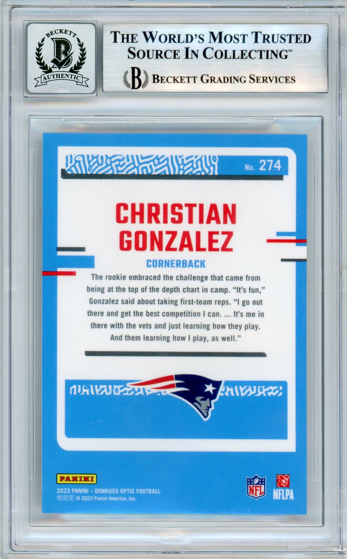 2023 Donruss Optic #274 Christian Gonzalez RC New England Patriots BGS Autograph 10