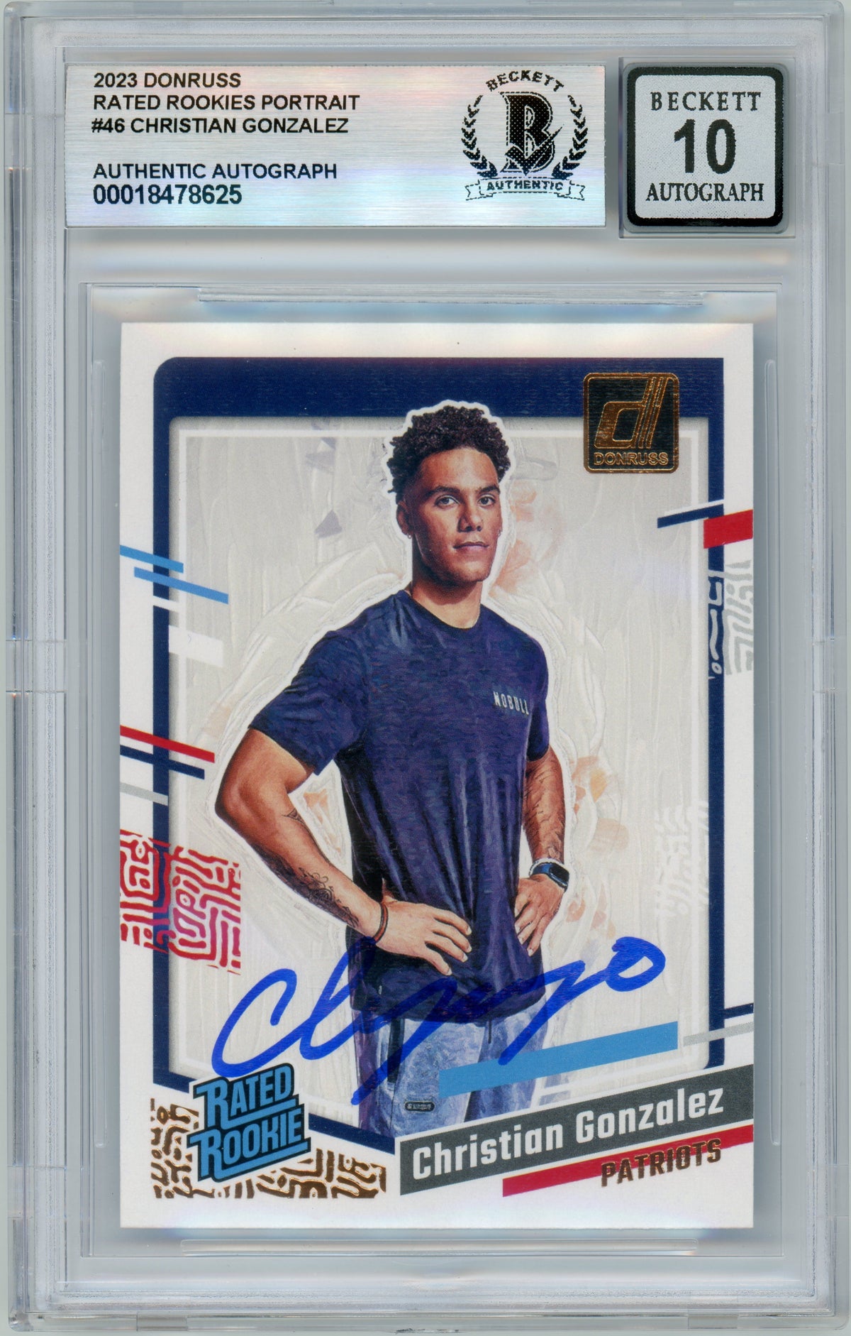 2023 Donruss - Portrait #46 Christian Gonzalez RC New England Patriots BGS Autograph 10