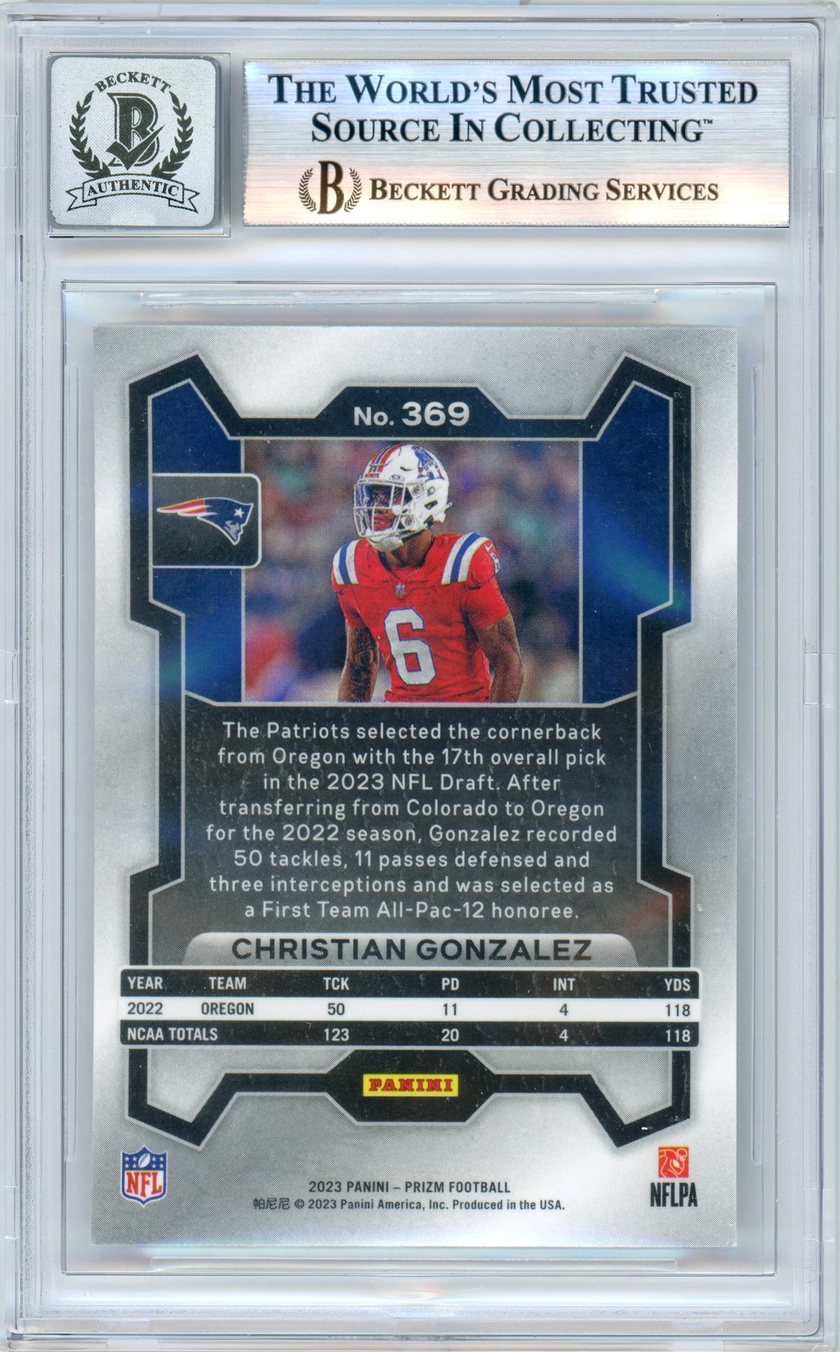 2023 Prizm #369 Christian Gonzalez RC New England Patriots BGS Autograph 10