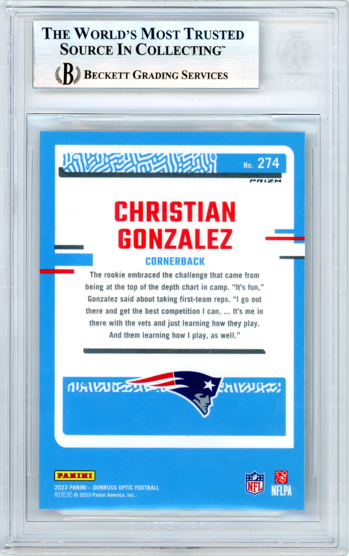 2023 Donruss Optic - Purple Shock #274 Christian Gonzalez RC New England Patriots BGS Autograph