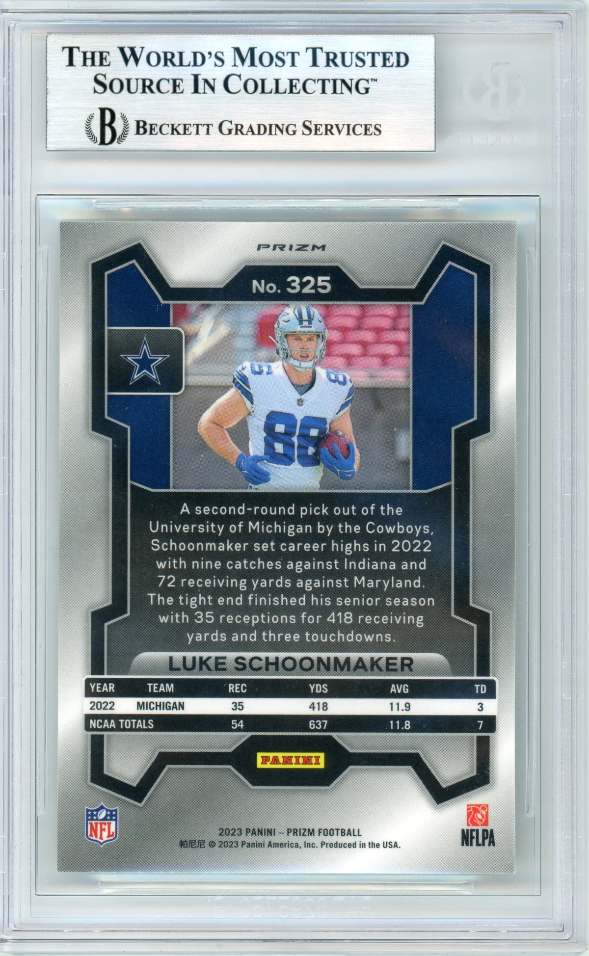 2023 Prizm - Neon Green Pulsar #325 Luke Schoonmaker RC Dallas Cowboys BGS Autograph