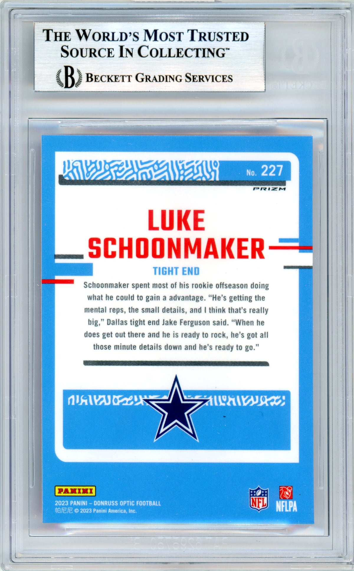 2023 Donruss Optic - Pink #227 Luke Schoonmaker RC Dallas Cowboys BGS Autograph 10