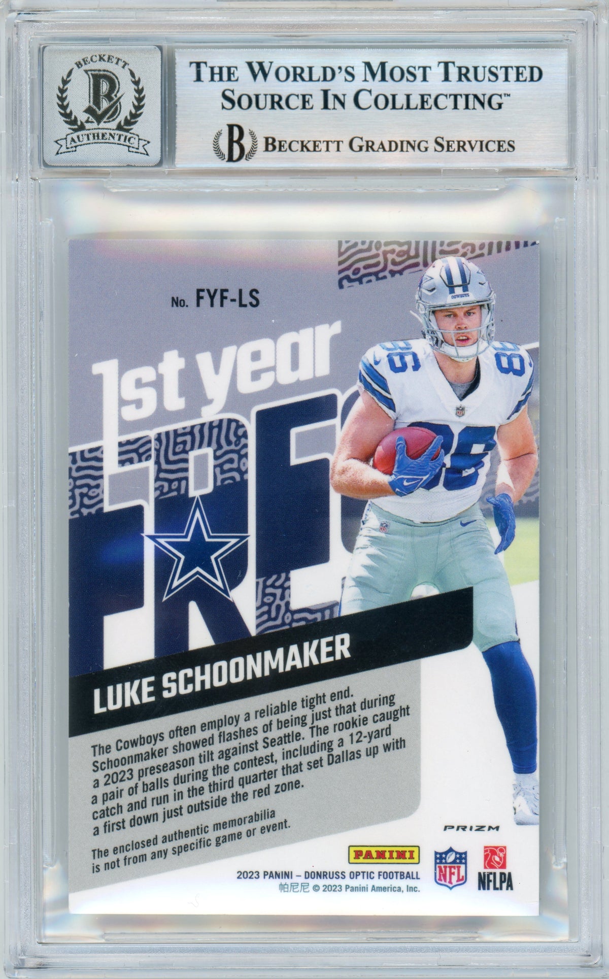 2023 Donruss Optic - First Year Fresh Blue Hyper #FYF-LS Luke Schoonmaker RC Cowboys BGS Auto 10