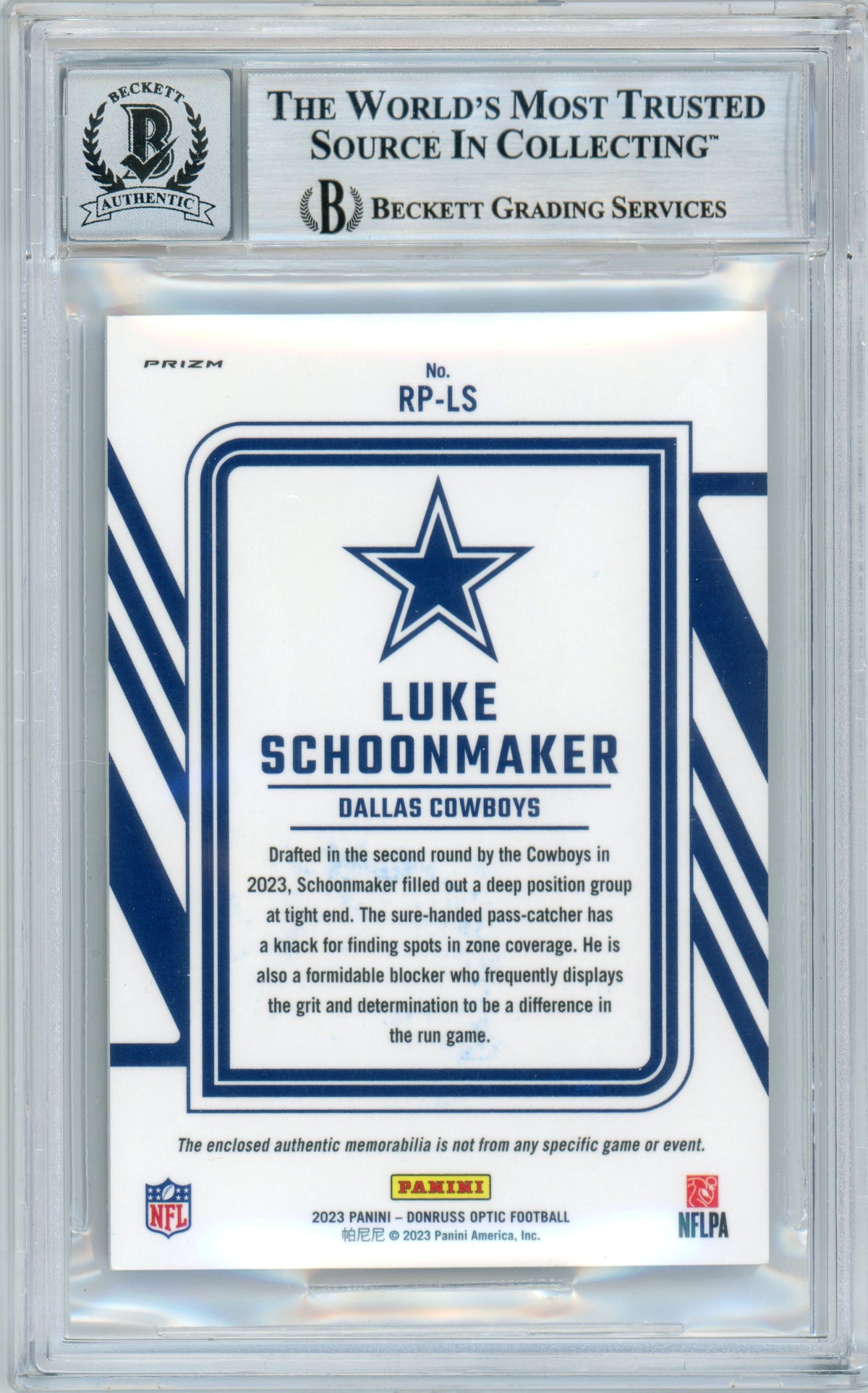 2023 Donruss Optic - Rookie Phenoms Blue Hyper #RP-LS Luke Schoonmaker RC Cowboys BGS Auto 10