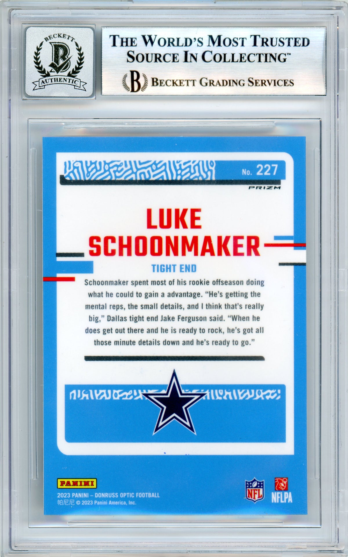 2023 Donruss Optic - Holo #227 Luke Schoonmaker RC Dallas Cowboys BGS Autograph 10