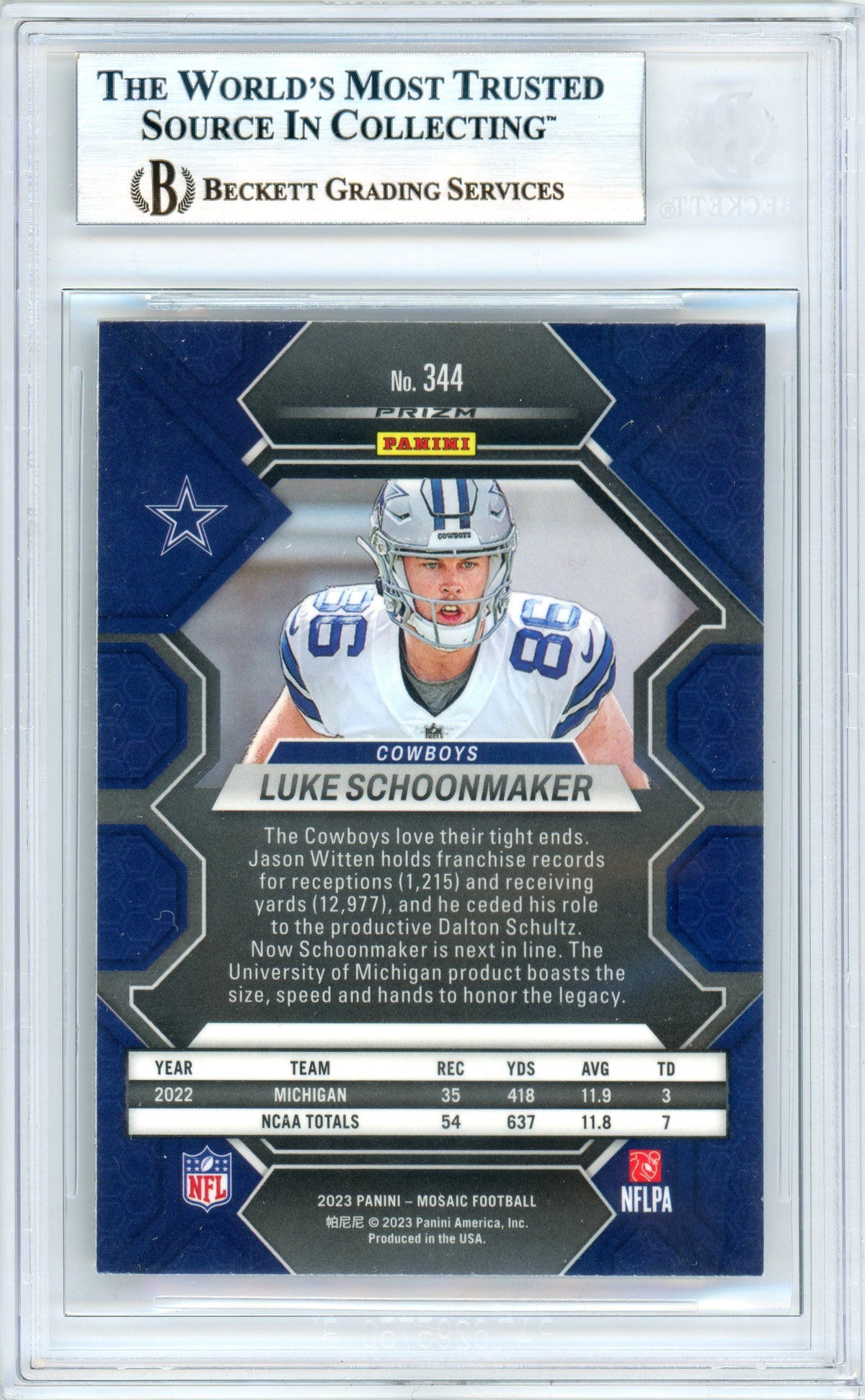 2023 Mosaic - Silver Mosaic #344 Luke Schoonmaker RC Dallas Cowboys BGS Autograph