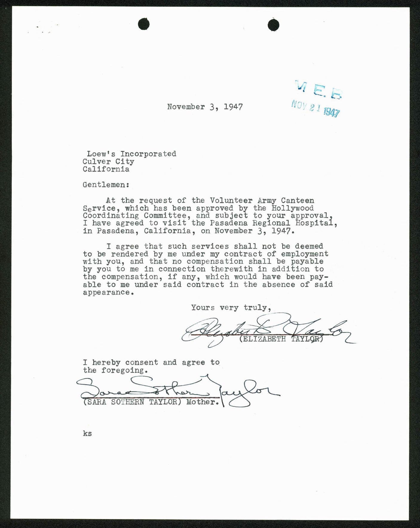 Elizabeth Taylor Signed 8.5x11 Letter Dated November 3rd 1947 PSA/DNA #X03948