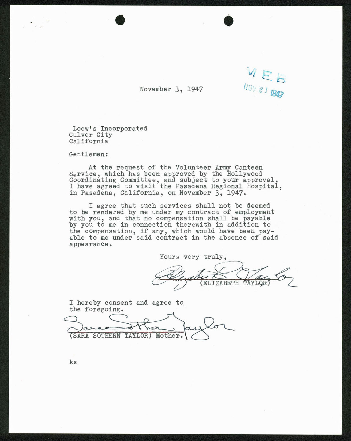 Elizabeth Taylor Signed 8.5x11 Letter Dated November 3rd 1947 PSA/DNA #X03948