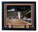 Sports Integrity Cal Ripken Jr Signed Framed 16x20 Baltimore Orioles Final Game Photo features Ripken waving to fans, teammates watching, his signature at the top, and a plaque below reading CAL RIPKEN JR. flanked by Orioles logos.