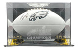 The Cam Jurgens Signed Eagles Logo Football by Sports Integrity comes in a clear PSA/DNA case etched with the Super Bowl LIX logo and Eagles emblem.