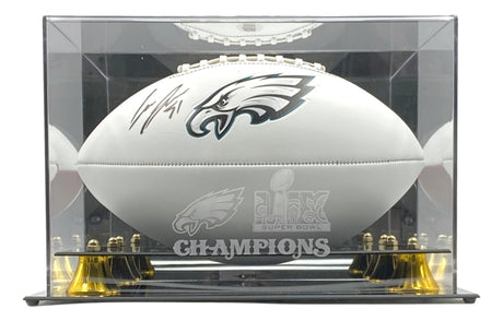The Cam Jurgens Signed Eagles Logo Football by Sports Integrity comes in a clear PSA/DNA case etched with the Super Bowl LIX logo and Eagles emblem.