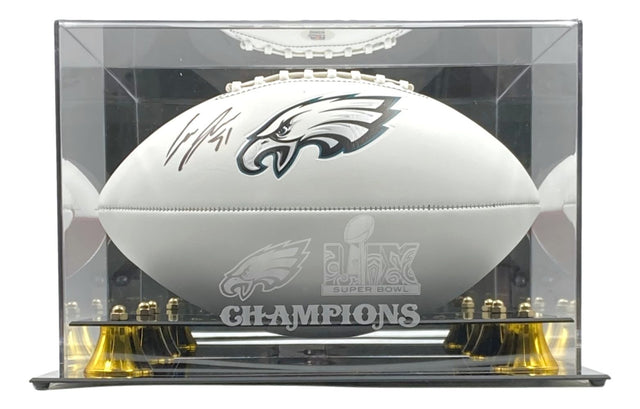 The Cam Jurgens Signed Eagles Logo Football by Sports Integrity comes in a clear PSA/DNA case etched with the Super Bowl LIX logo and Eagles emblem.