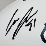 Close-up of Cam Jurgens’ black signature on a white Eagles logo football by Sports Integrity, featuring teal and black patterning at the edge. Includes PSA/DNA authentication and Super Bowl 59 LIX case.