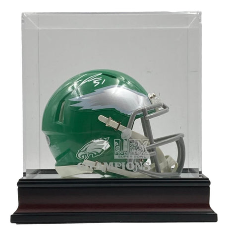 A Cam Jurgens Signed Eagles Kelly Green Mini Helmet by Sports Integrity, in a clear case etched with "Super Bowl 59 LIX," displayed on a black and brown base. PSA/DNA authenticated.
