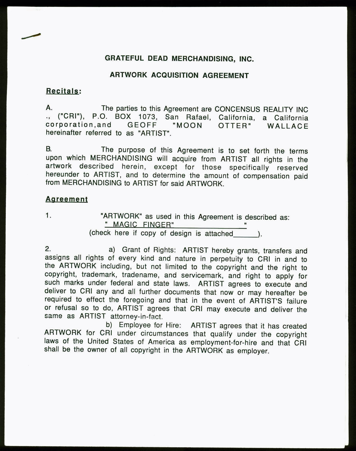 Jerry Garcia Signed 3 Page Grateful Dead Merchandising Agreement PSA #AA01915