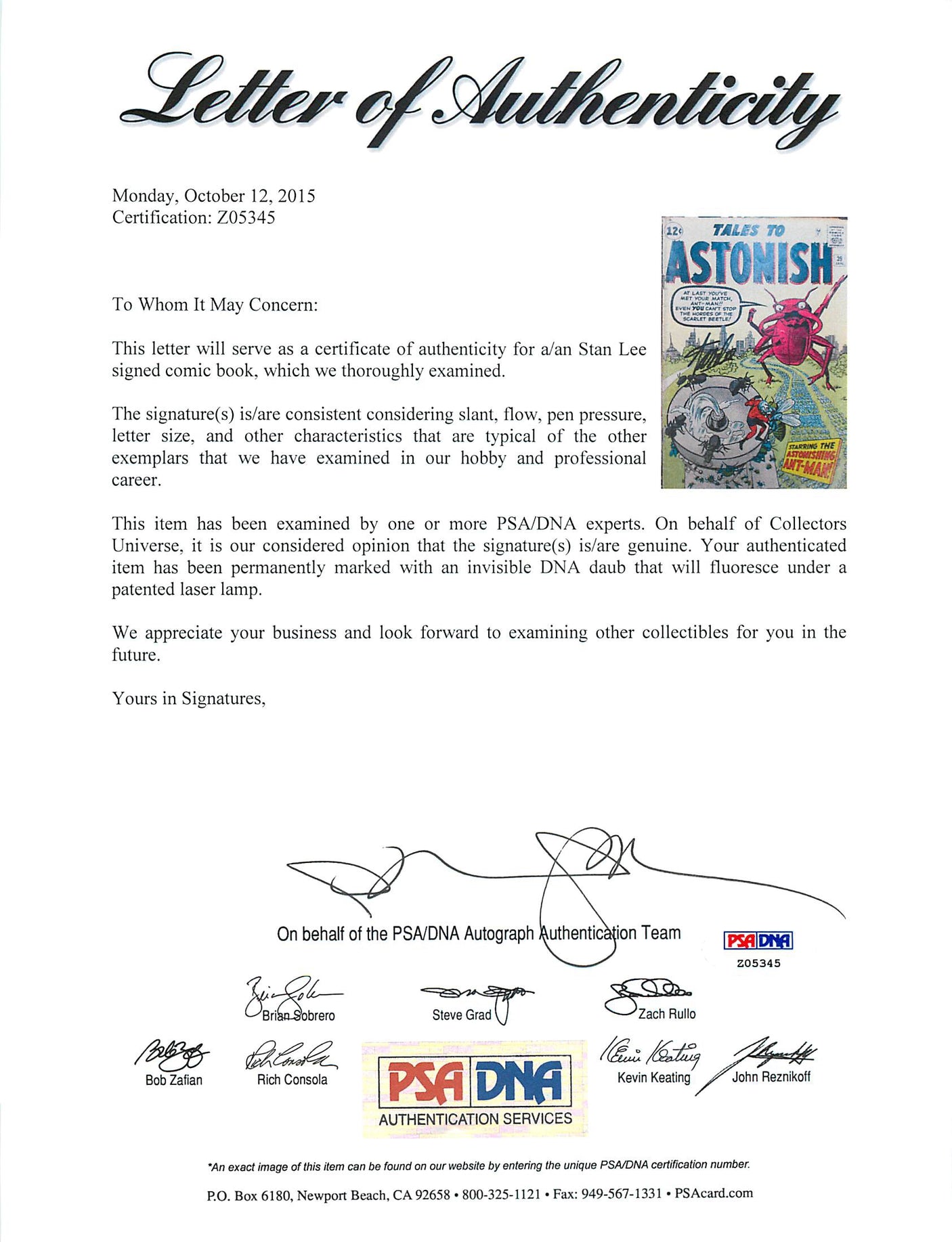 Stan Lee Authentic Signed Tales To Astonish #39 Comic Book PSA/DNA #Z05345