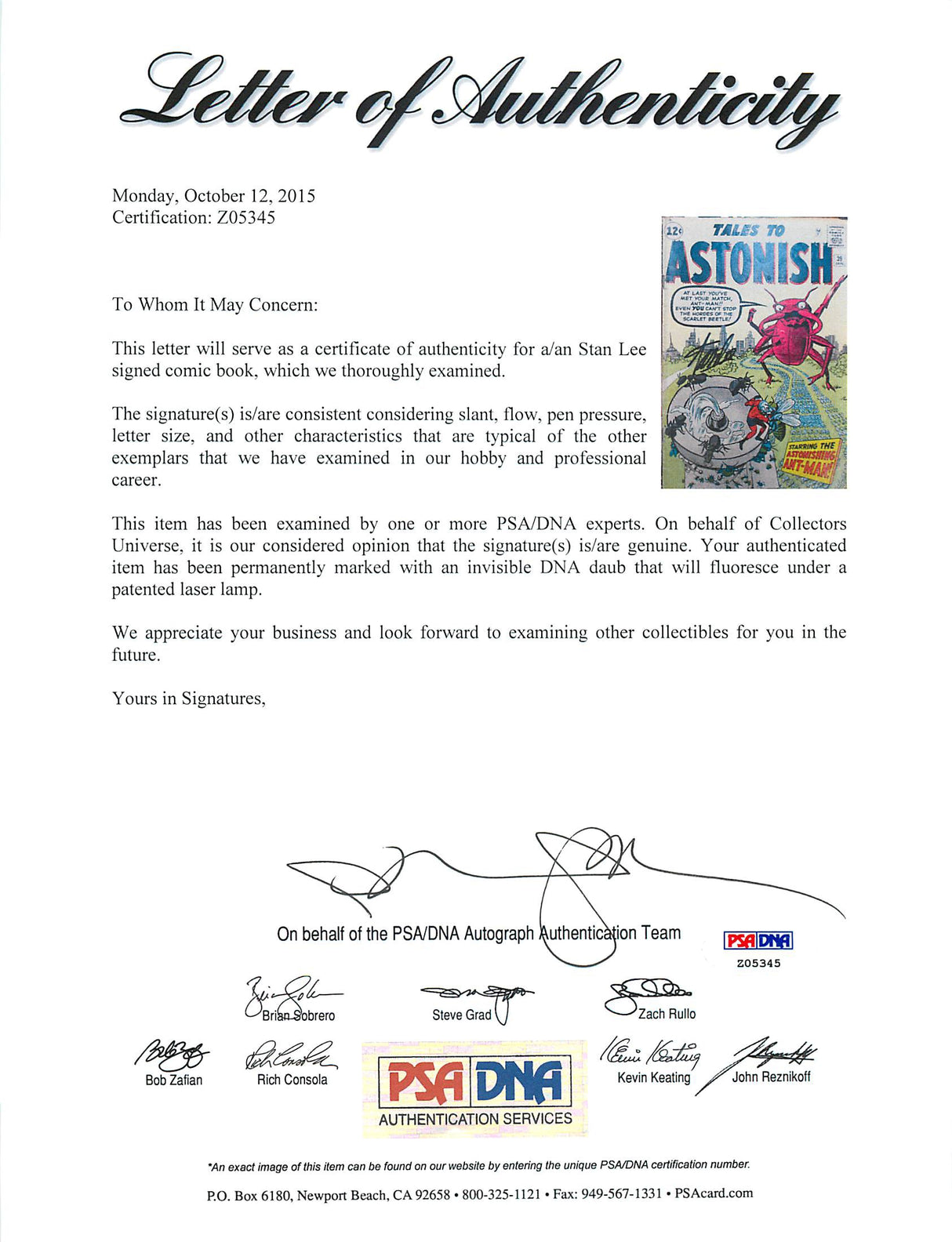 Stan Lee Authentic Signed Tales To Astonish #39 Comic Book PSA/DNA #Z05345
