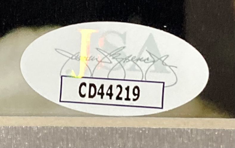 A white oval JSA sticker with faint multicolored text and signatures, featuring bold code CD44219, is affixed to the Charlie Hunnam Signed Framed 8x10 Pacific Rim Photo by Sports Integrity.