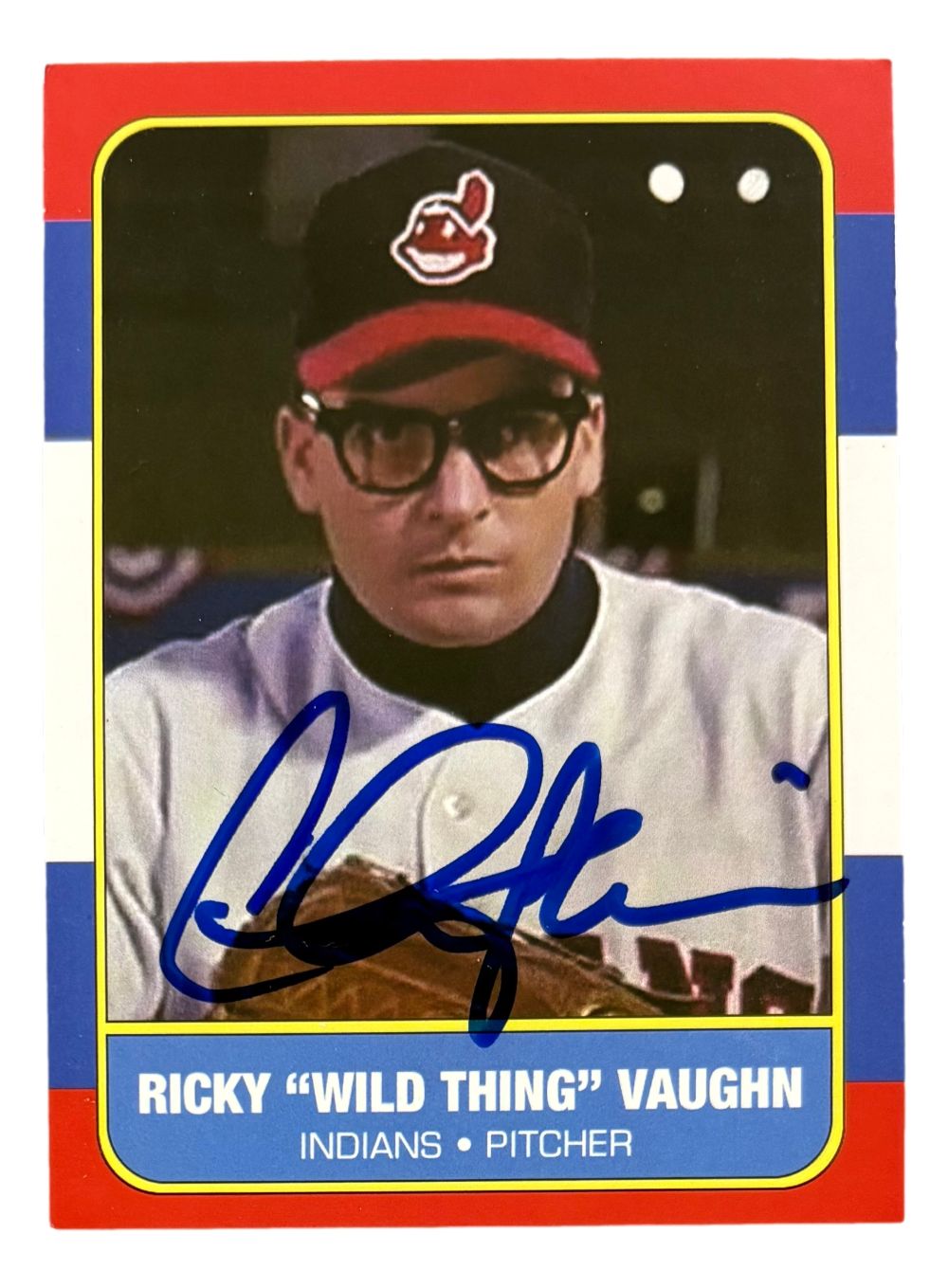 The Sports Integrity Charlie Sheen Signed Major League Ricky Vaughn Custom Trading Card features "Wild Thing" in character, with his autograph across the front and PSA/DNA holo authentication.