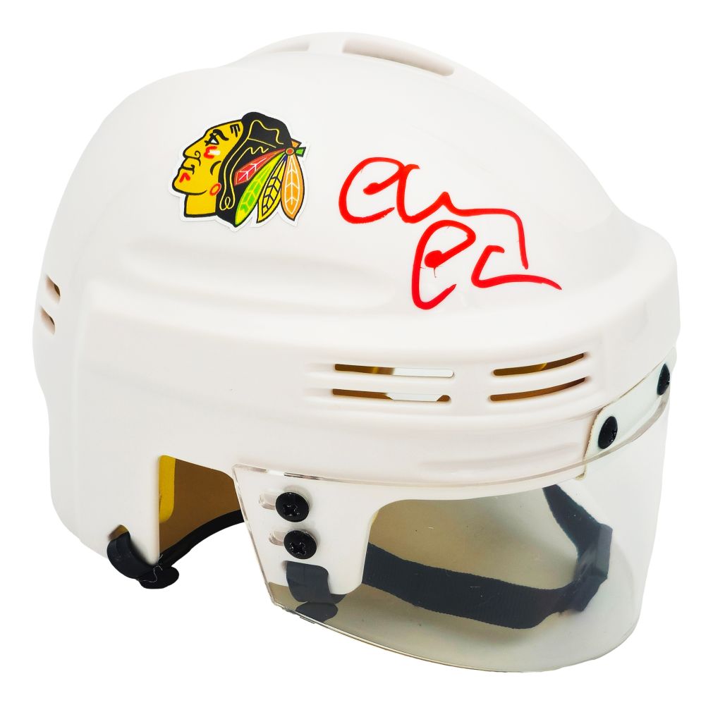 Chevy Chase Signed Chicago Blackhawks Mini Helmet by Sports Integrity features a white helmet with a team logo, clear visor, black adjustable chin strap, and red autograph. BAS authenticated.