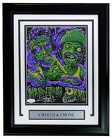 The Sports Integrity Cheech & Chong Signed Framed 8x10 Marijuana Zombie JSA features colorful artwork of the duo as green zombies with purple smoke, their signatures, and a "CHEECH & CHONG" nameplate.
