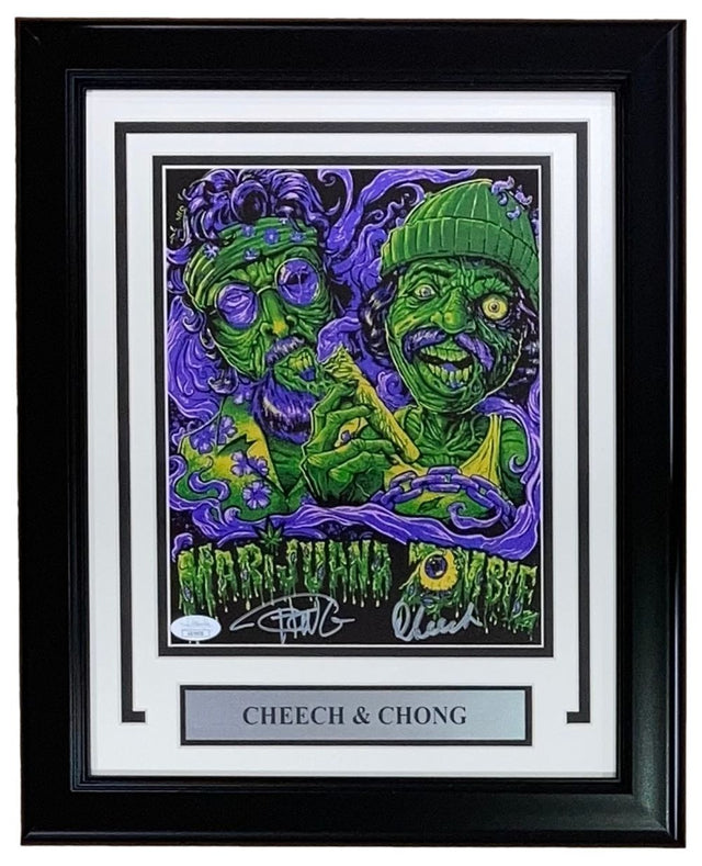 The Sports Integrity Cheech & Chong Signed Framed 8x10 Marijuana Zombie JSA features colorful artwork of the duo as green zombies with purple smoke, their signatures, and a "CHEECH & CHONG" nameplate.