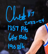 Sports Integrity Chet Holmgren Signed Framed 16x20 Photo, Oklahoma City Thunder, 2023 Stat Inscription “#7 2023-24, 1357 Pts, 648 Reb, 196 Blk" (partial player image on right), JSA authenticated.