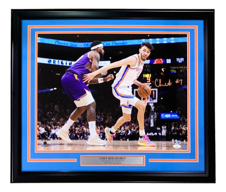 Sports Integrity’s Chet Holmgren Signed Framed 16x20 Oklahoma City Thunder Photo features him dribbling past a defender, with an orange signature and JSA hologram.