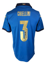 The Sports Integrity Giorgio Chiellini Signed Italy Blue Puma Soccer Jersey features “Chiellini” and gold number 3 on the back with his signature, plus "Italia" in Italian flag colors on the collar. PSA/DNA authenticated.