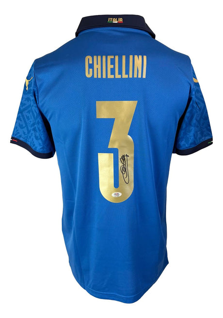 The Sports Integrity Giorgio Chiellini Signed Italy Blue Puma Soccer Jersey features “Chiellini” and gold number 3 on the back with his signature, plus "Italia" in Italian flag colors on the collar. PSA/DNA authenticated.