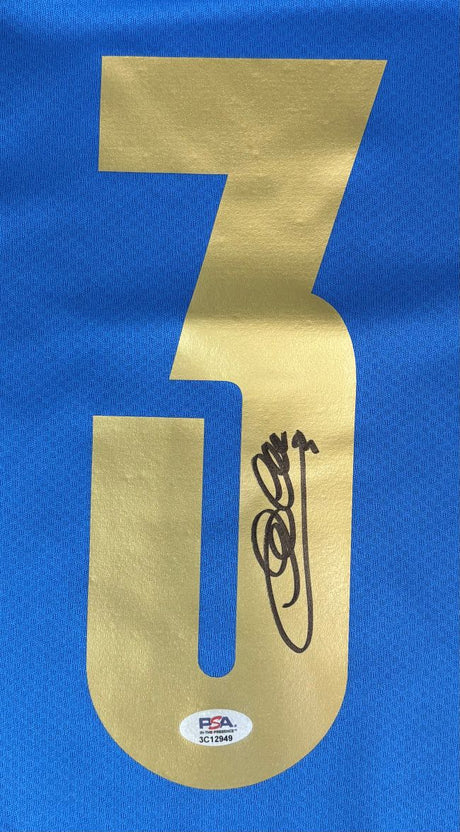 Giorgio Chiellini Signed Italy Blue Puma Soccer Jersey by Sports Integrity features a large gold "3" on blue, black autograph, and PSA/DNA authentication sticker #3C12949 below the signature.