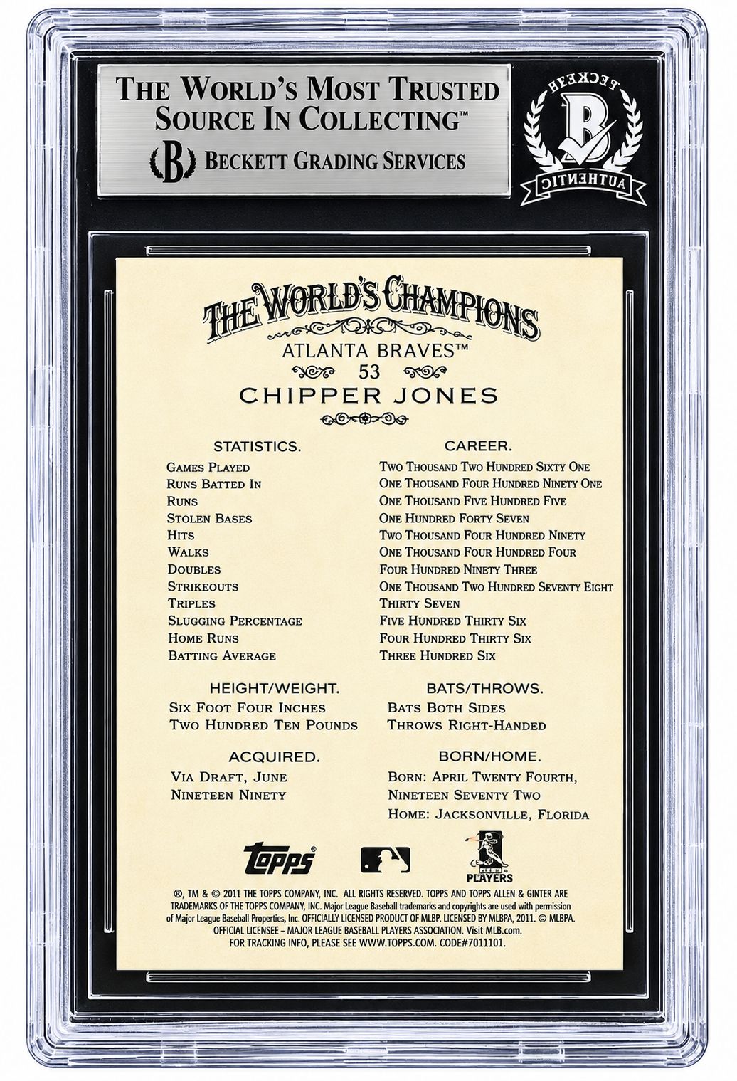 Chipper Jones Signed 2011 Topps A&G #53 Braves Trading Card BAS