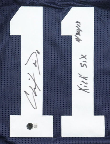 A Chris Davis Auburn navy football jersey by Sports Integrity, signed with "Kick Six" and number 11 in white, commemorating the 11/30/13 game.