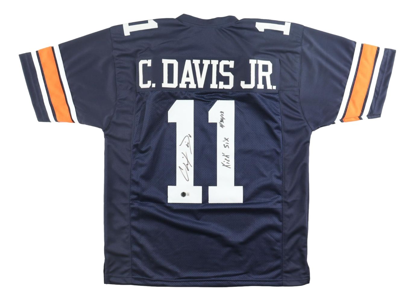 This Sports Integrity Chris Davis Auburn navy football jersey features orange and white sleeve stripes, "C. DAVIS JR." and #11 on the back, autographed with "Kick Six 11/30/13" inscription.