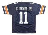 This Sports Integrity Chris Davis Auburn navy football jersey features orange and white sleeve stripes, "C. DAVIS JR." and #11 on the back, autographed with "Kick Six 11/30/13" inscription.