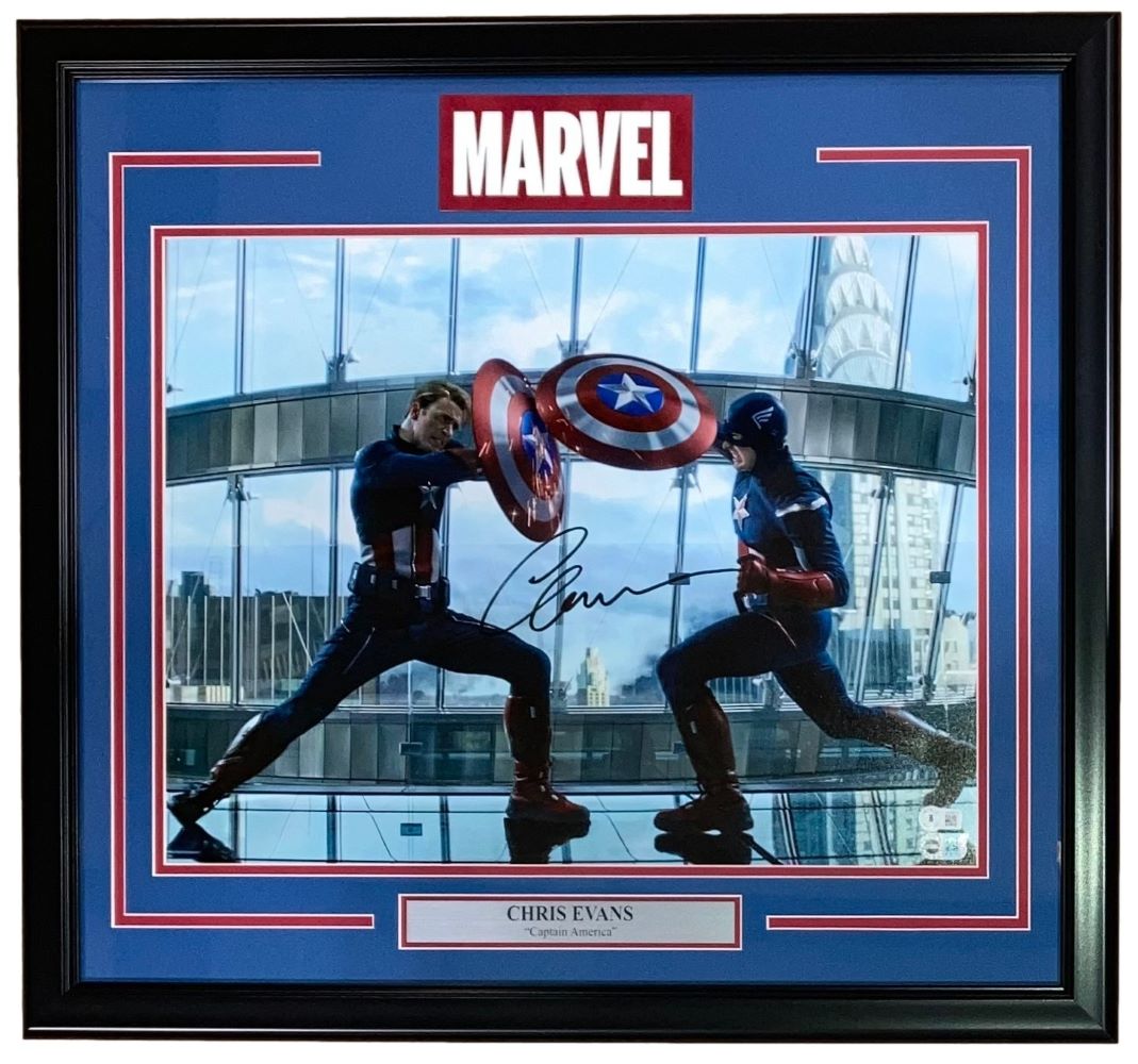 Chris Evans Signed Framed 16x20 Captain America Fight Photo BAS LOA