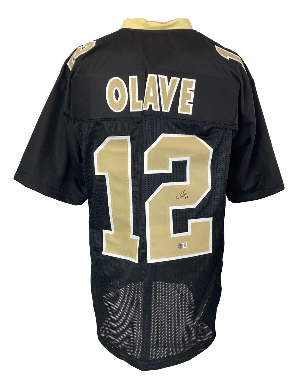A Sports Integrity Chris Olave New Orleans black football jersey, signed and featuring gold accents, with "OLAVE" and number 12 on the back. BAS authenticated autograph appears on the number 2.