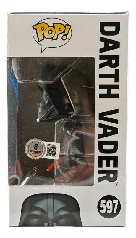 The Sports Integrity Hayden Christensen Signed Star Wars Darth Vader Funko Pop #597 (BAS) comes in original packaging, displaying a side view of the helmet through a clear window with large "DARTH VADER" text down the side.