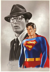 The Christopher Reeves 13x19 Superman Lithograph, signed by Tony Santiago and offered by Sports Integrity, features a black-and-white Clark Kent in glasses and fedora behind a vibrant Superman in his classic suit confidently in the foreground.