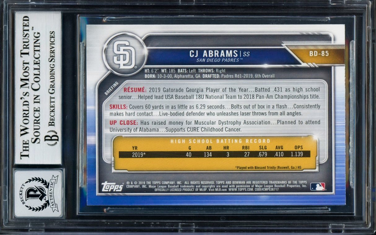CJ Abrams Signed 2019 Bowman Draft #BD85 Padres Rookie Card BAS Auto 10