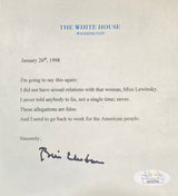The Bill Clinton Signed In Black 5x6 Mock White House Letter Monica Lewinsky by Sports Integrity features a replica letter dated January 26, 1998, where Clinton denies relations with Lewinsky and claims the allegations are false; JSA authenticated.