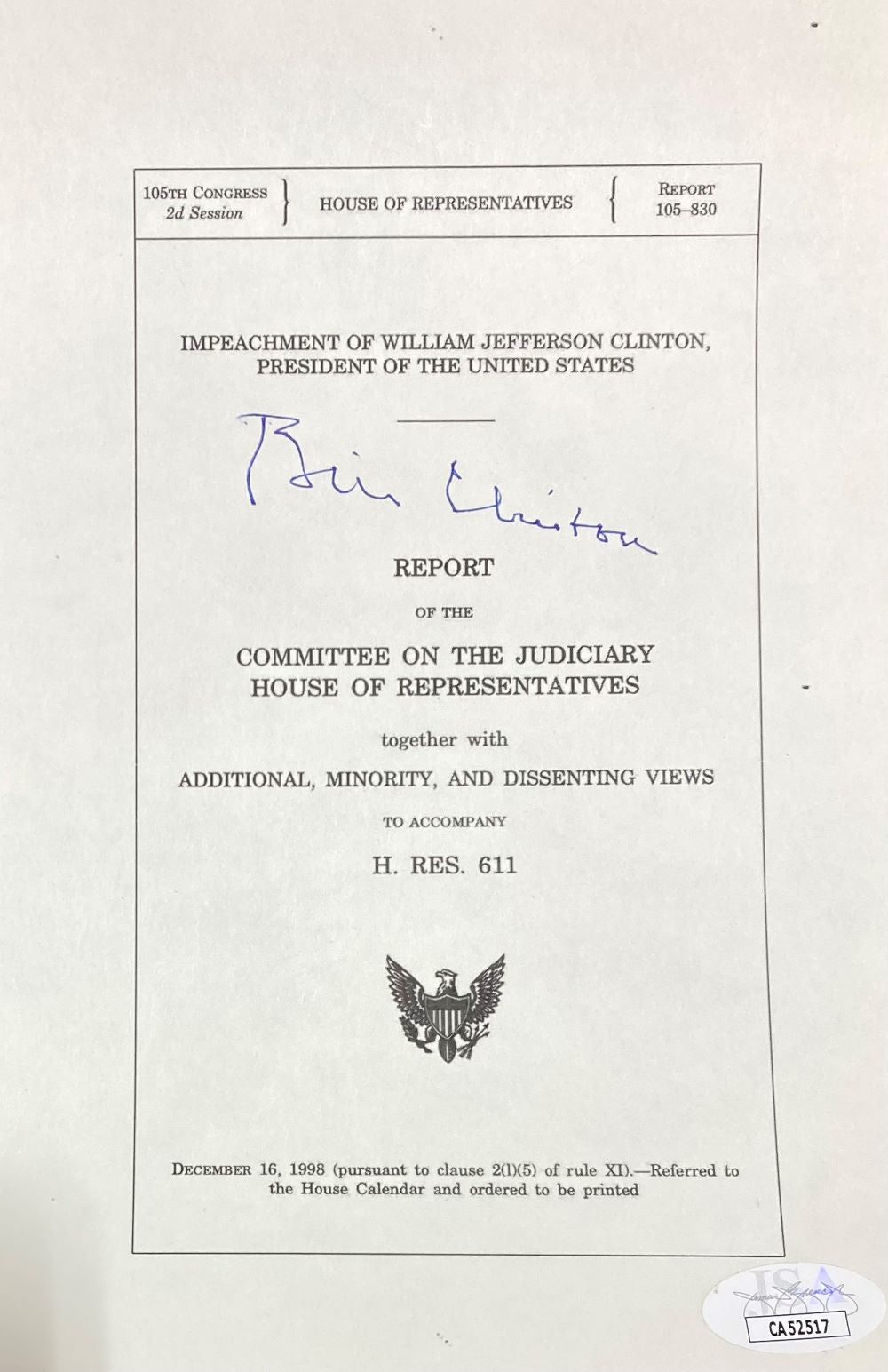 Bill Clinton Signed In Blue 5x8 Impeachment Letter JSA